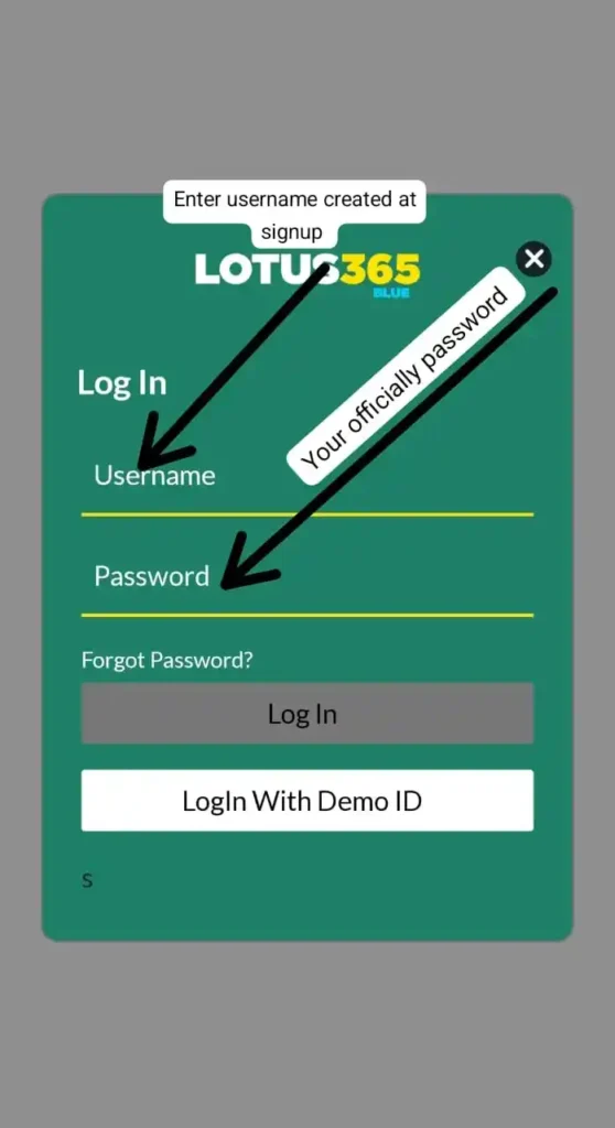 lotus365 official login page to enter username and password