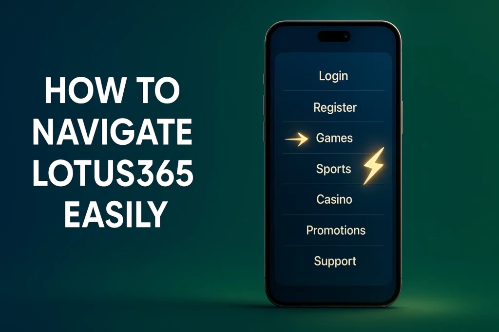 Lotus365 menu screen open displaying main sections with guiding highlights.