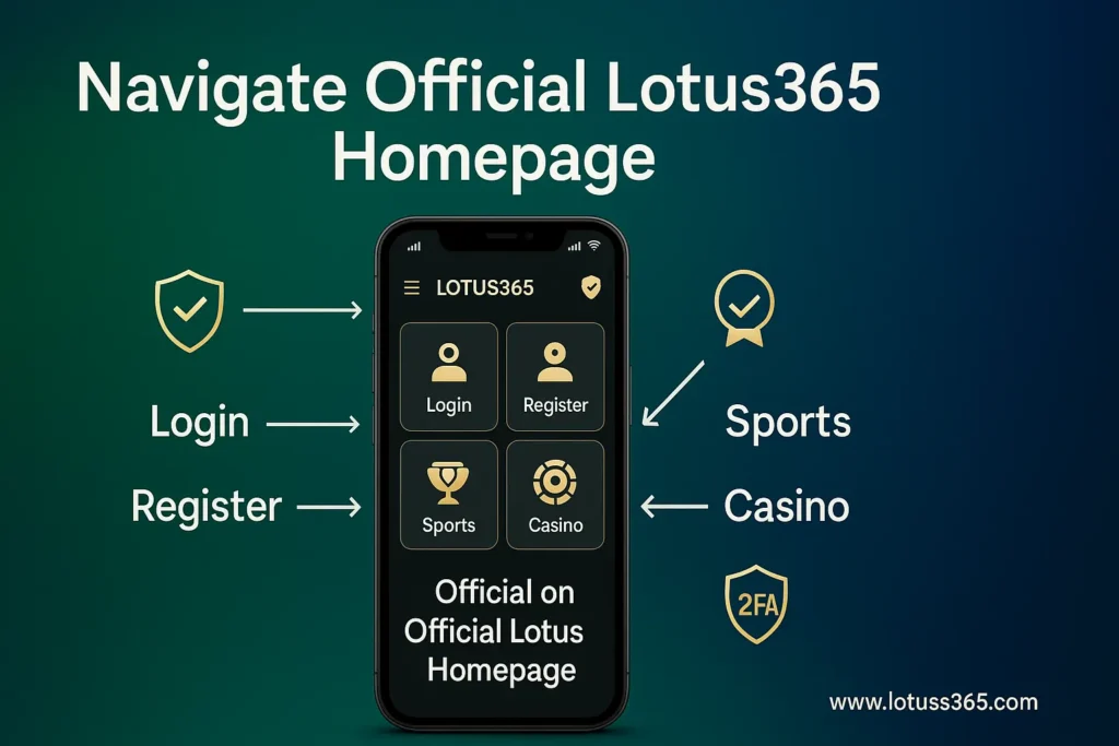 Smartphone showing Lotus365 homepage with highlighted navigation options and icons.