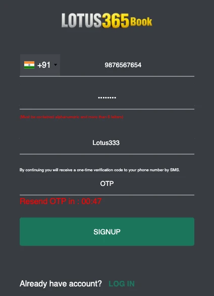 getting otp while lotus365 register or lotus365 signup