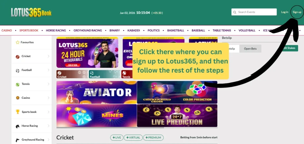 Lotus365 signup registration page with country code and mobile number input fields